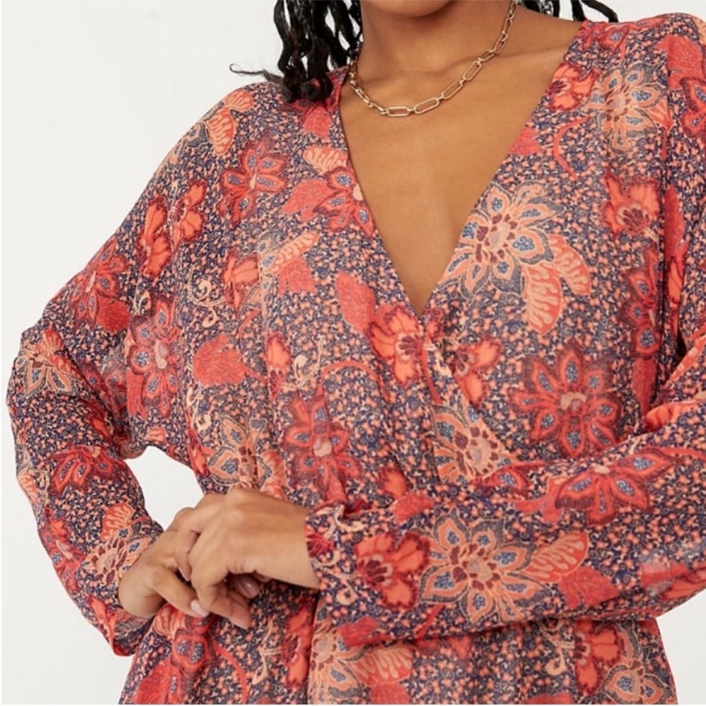 Free People Floral V-Neck Dress in Red and Purple